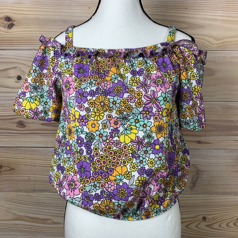 DeFacto Blouse Girl 13-14Y Flower Power Floral Cold Shoulder Crinkle Puff Sleeve